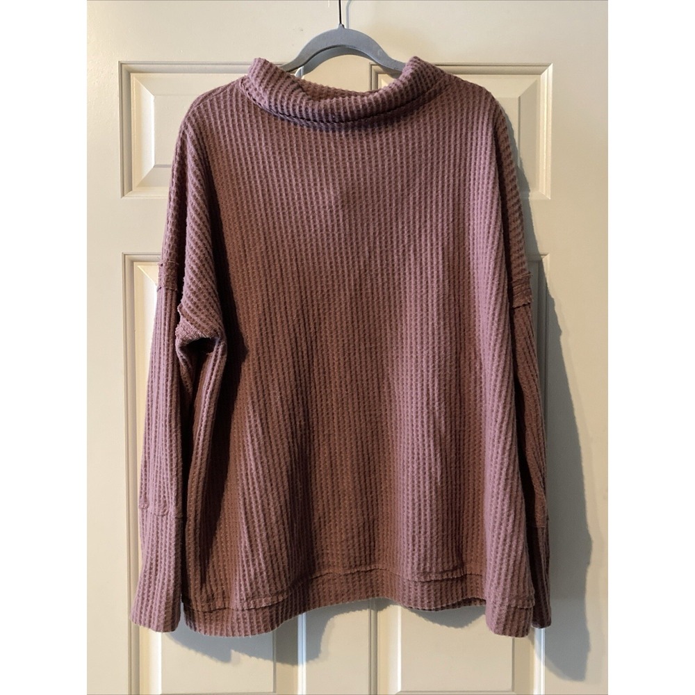 Umgee Top Womens L Pink Waffle Knit Mock Neck Flowy Boho Pullover Long Sleeve